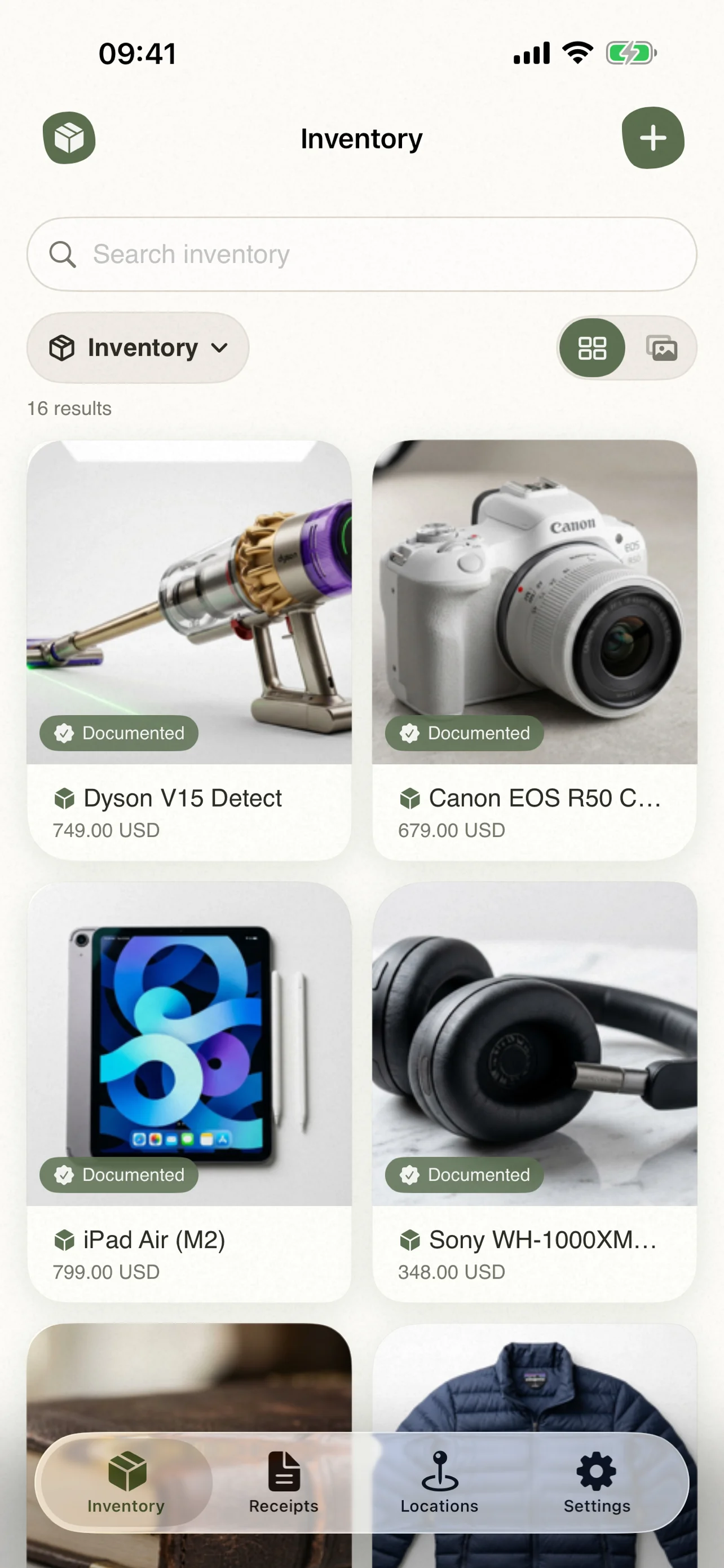 Item Buddy inventory filtered to documented items with photos and estimated values