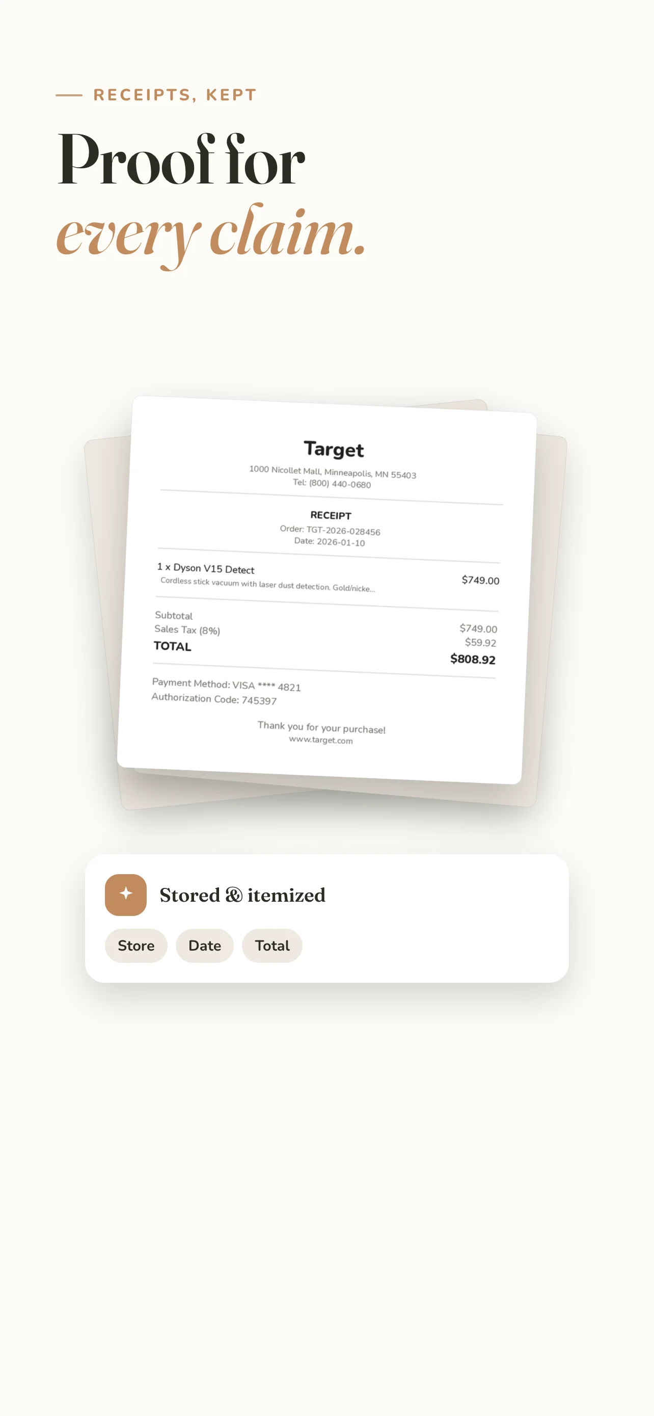 A purchase receipt stored with its details in Item Buddy